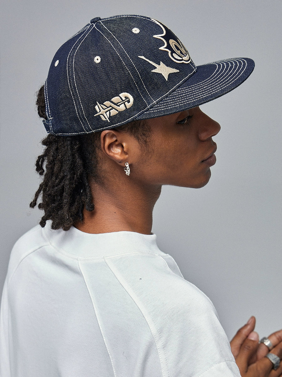 Cartoon Embroidered Denim Snapback Cap