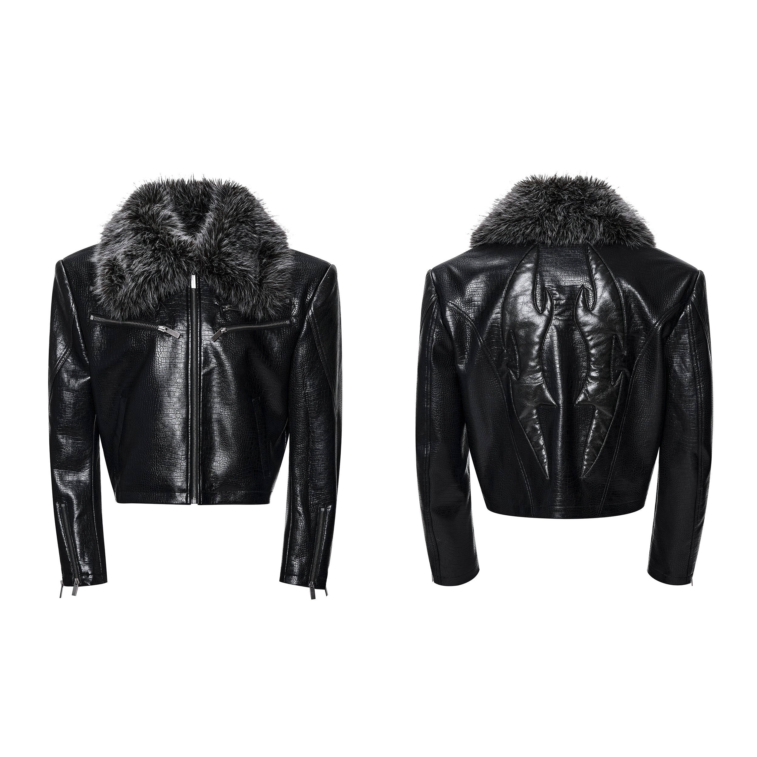 Black Faux Fur Collar Fish Scale Leather Jacket