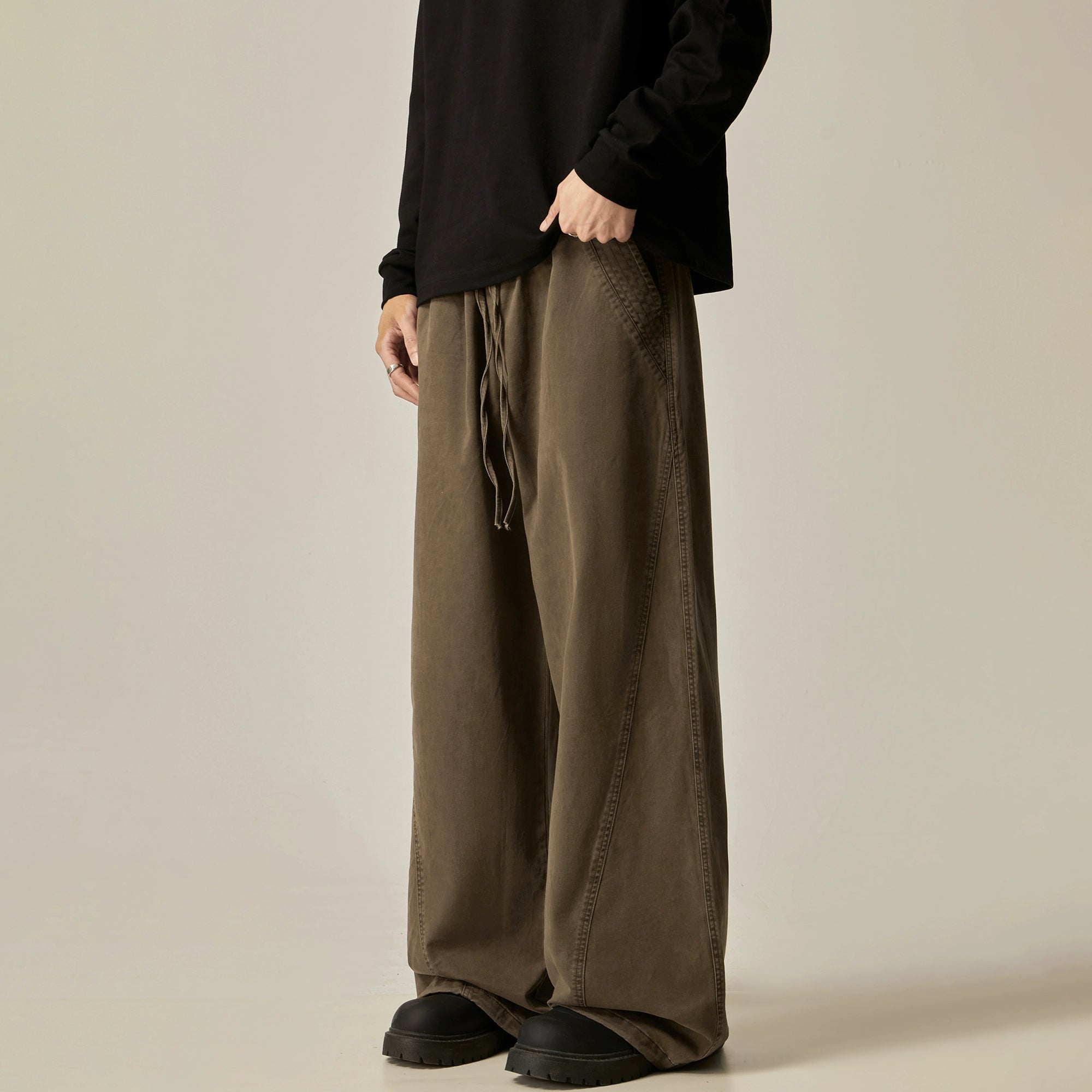 Brown Loose Drawstring Wide Pants