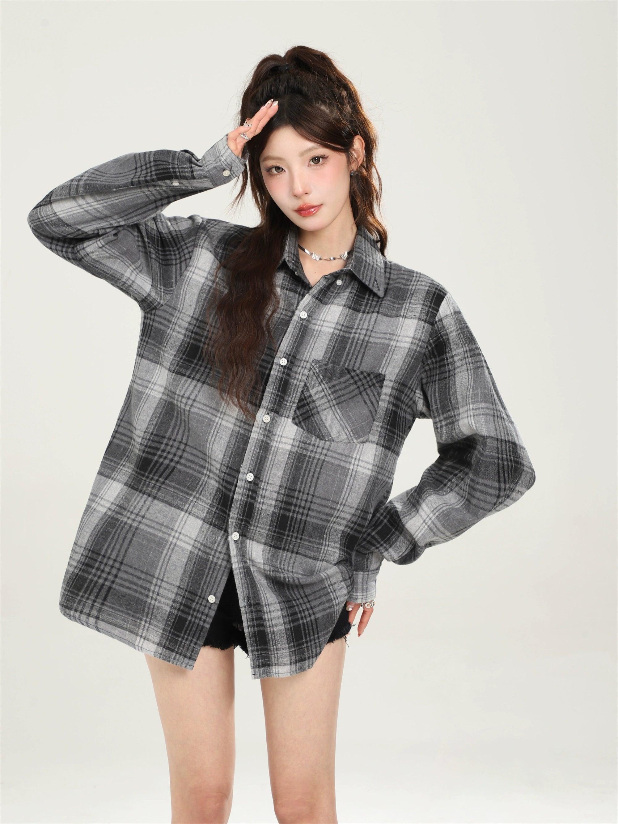 Camisa a cuadros azul suelto vintage