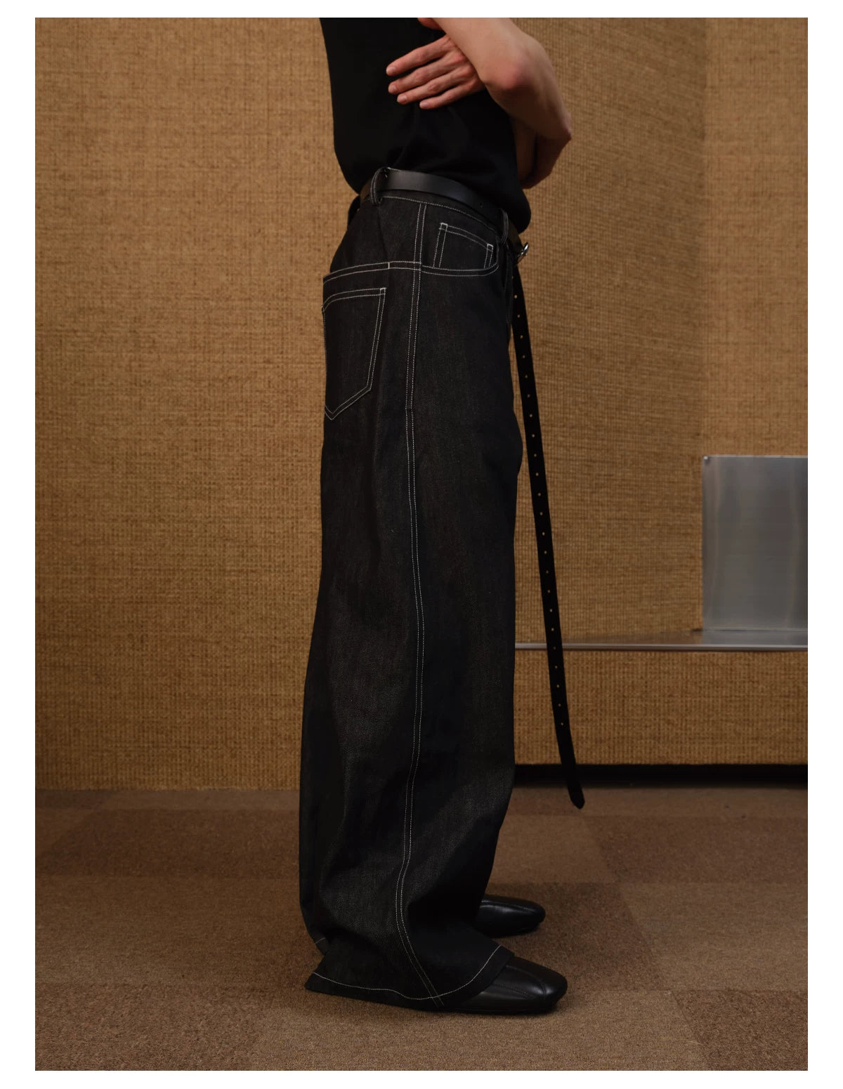 Black Contrast-Stitch Balloon Denim Trousers