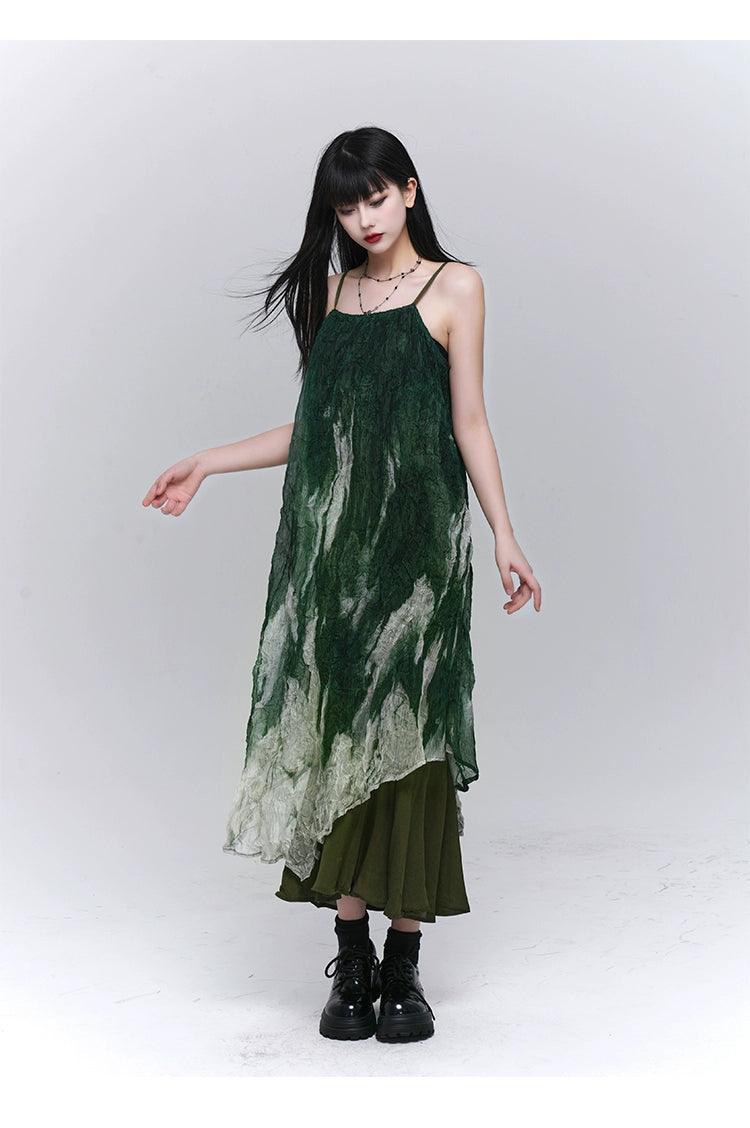 Ladyghost Forest Sprite 레이어드 맥시 드레스 - 여성용 녹색 옴브레 타이 다이 슬립 드레스, 비대칭 밑단
