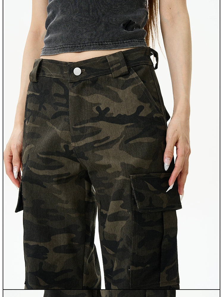 Camo Print Wide-Leg Multi-Pocket Cargo Pants