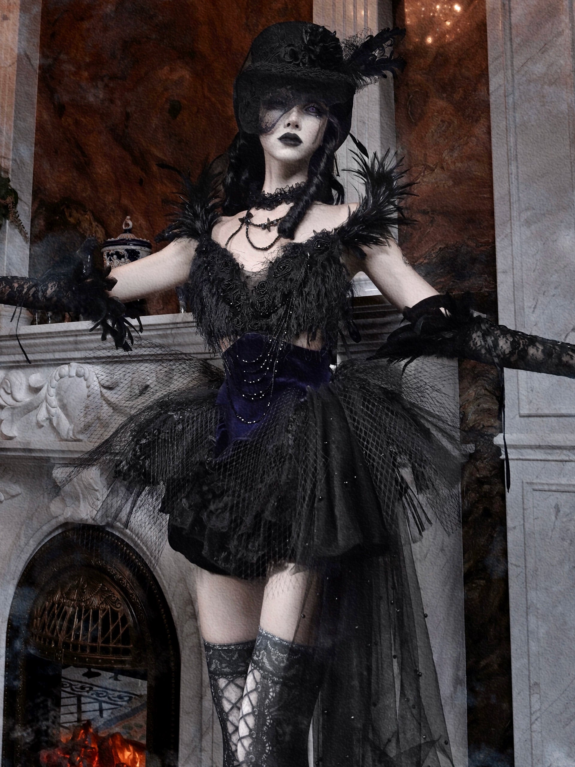 Gothic Black Swan Feather Tulle Corset Top