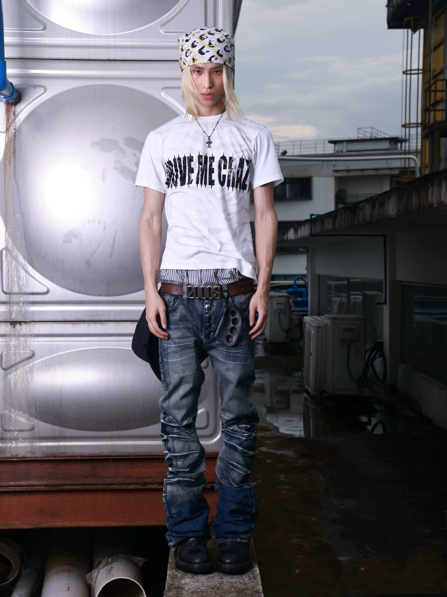 Rippled Scimitar Cracked-Wash Denim Pants