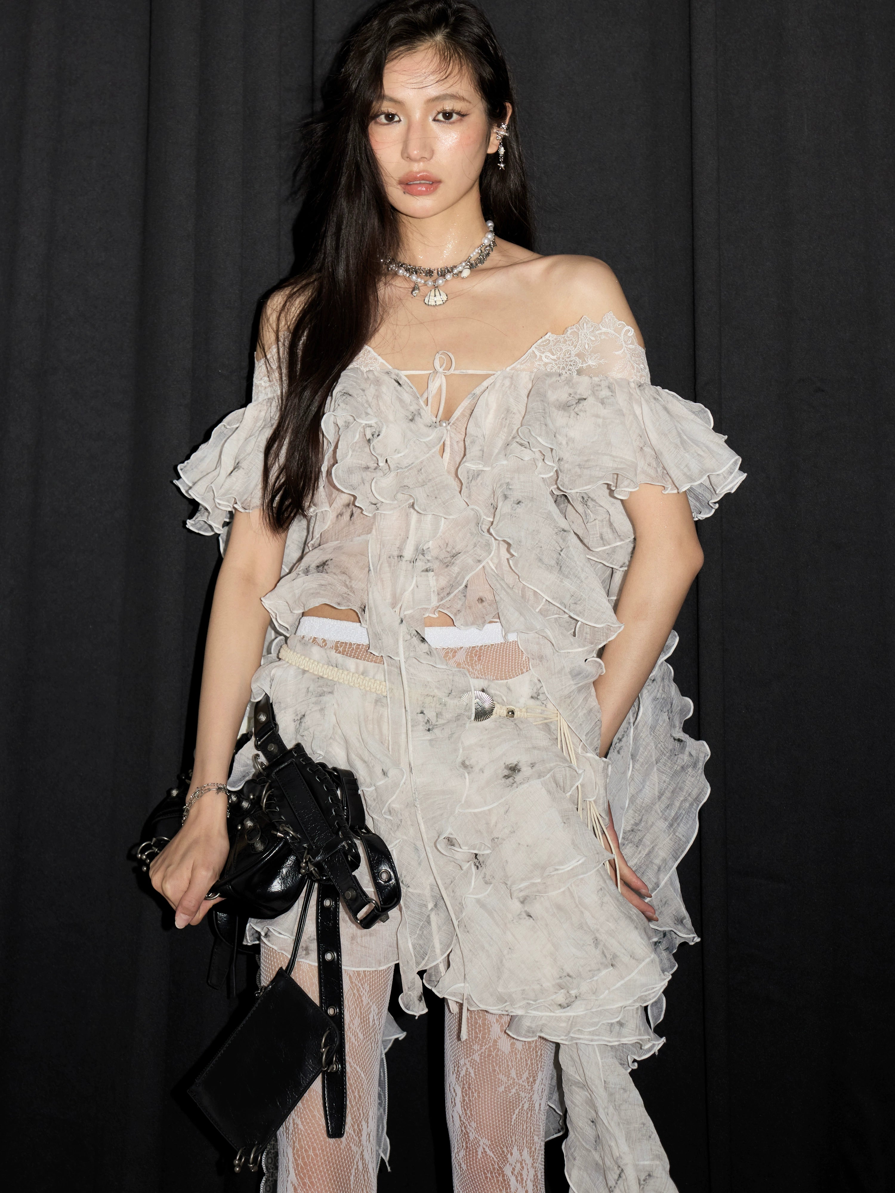 Asymmetrical Tiered Lace Ruffle Shirt in White