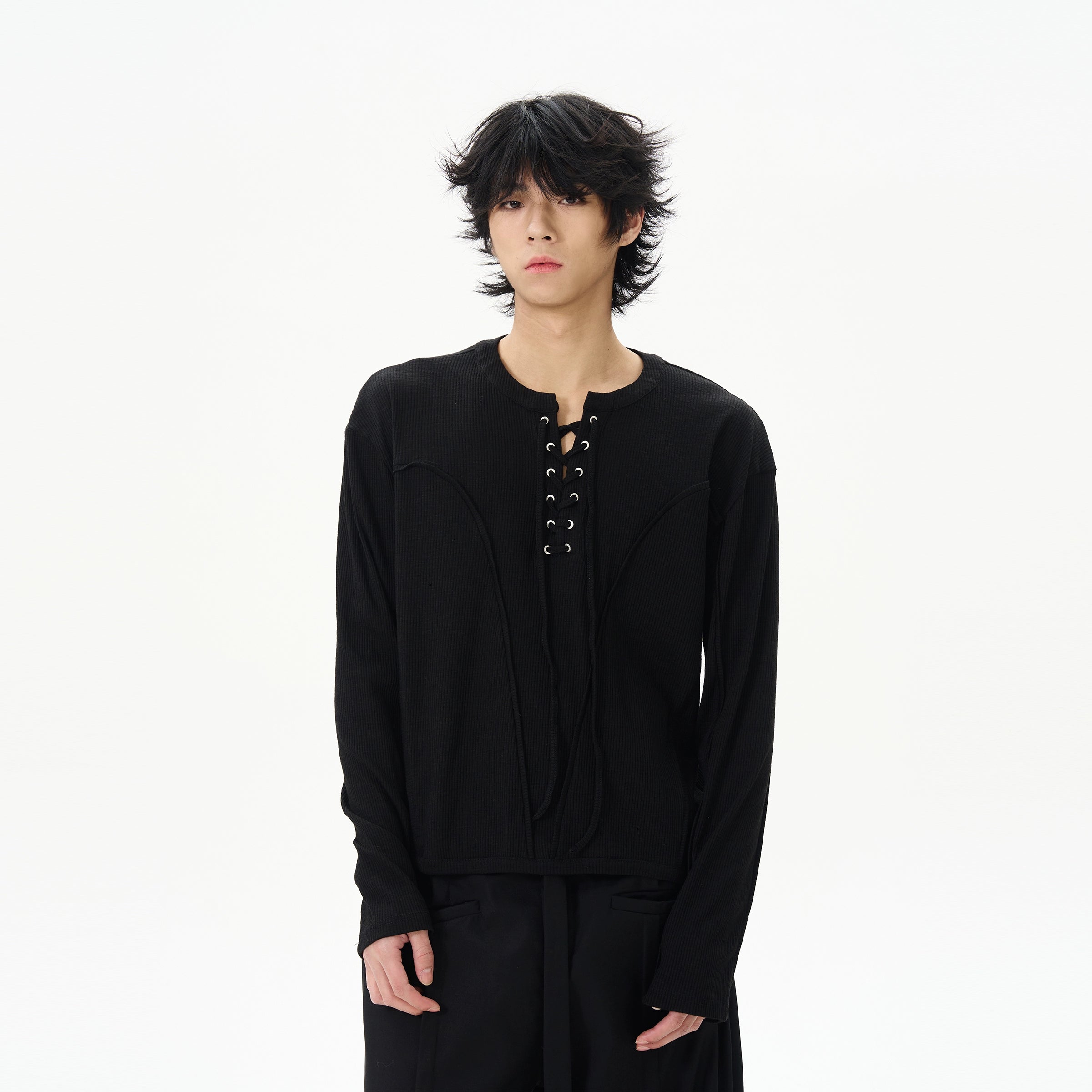 White Linen Lace-Up Henley Shirt