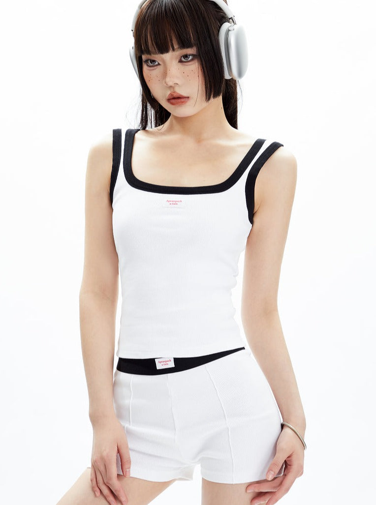 Black and White Contrast Trim Crop Top and Shorts Set
