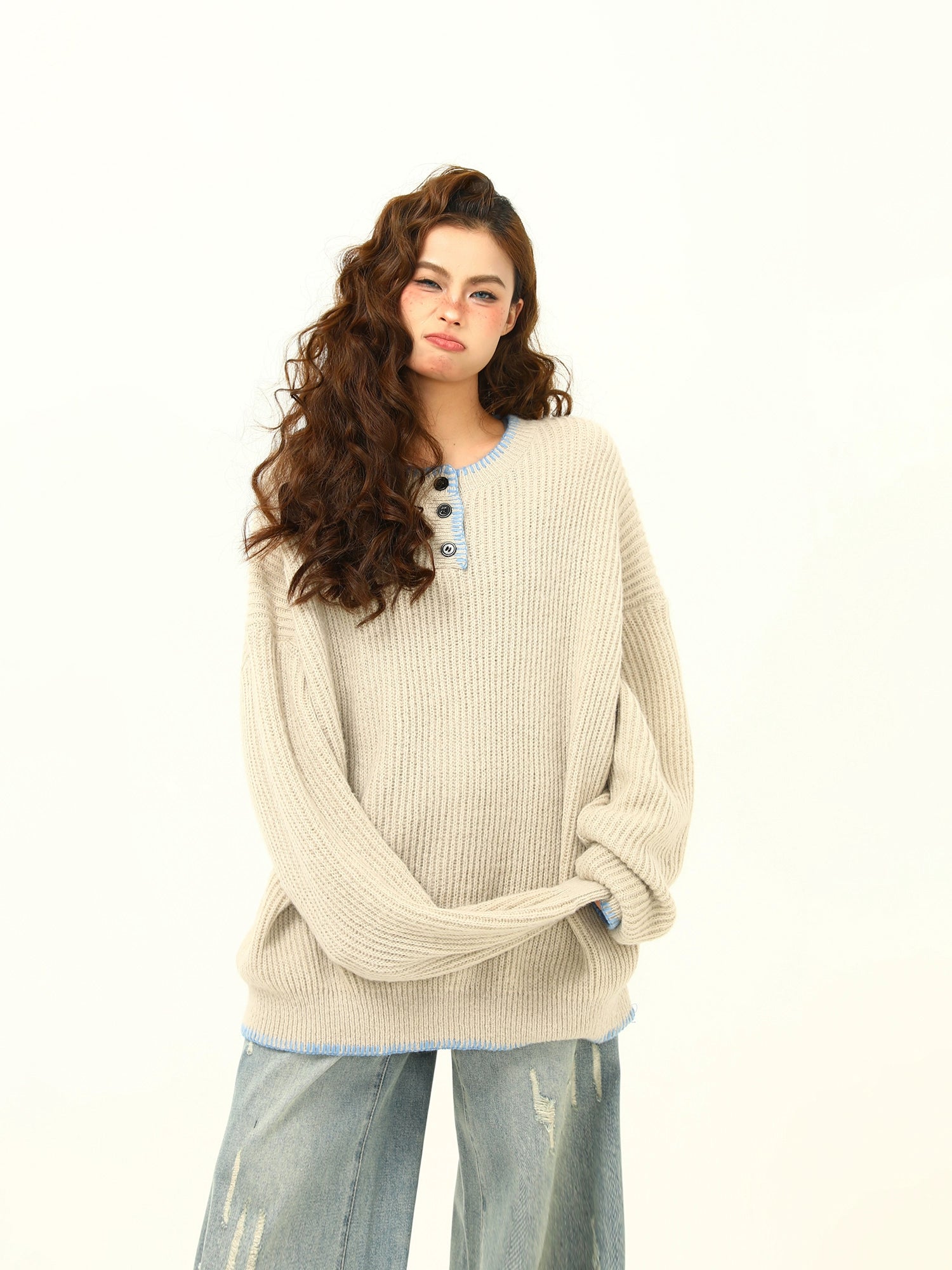 Oversized Cozy Button Trimmed Knit Sweater