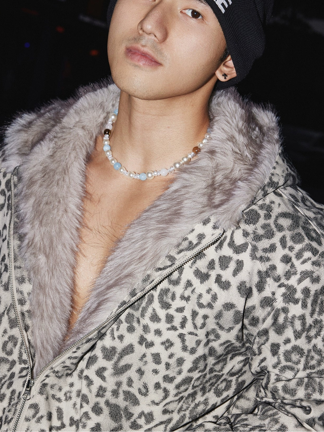 Leopard Print Faux Fur Collar Bomber Jacket