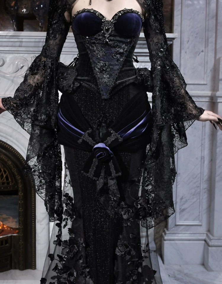 Gothic Black Velvet and Sheer Floral Mermaid Skirt