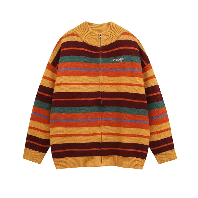 Striped Oversized Knit Zip-Up Sweater