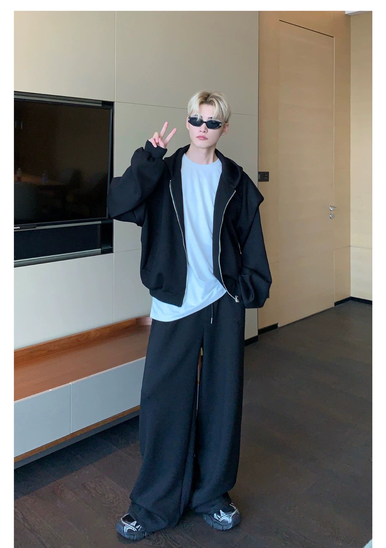 Shoulder-Padded Hoodie Jacket with Straight-Leg Pants Two-Piece Set