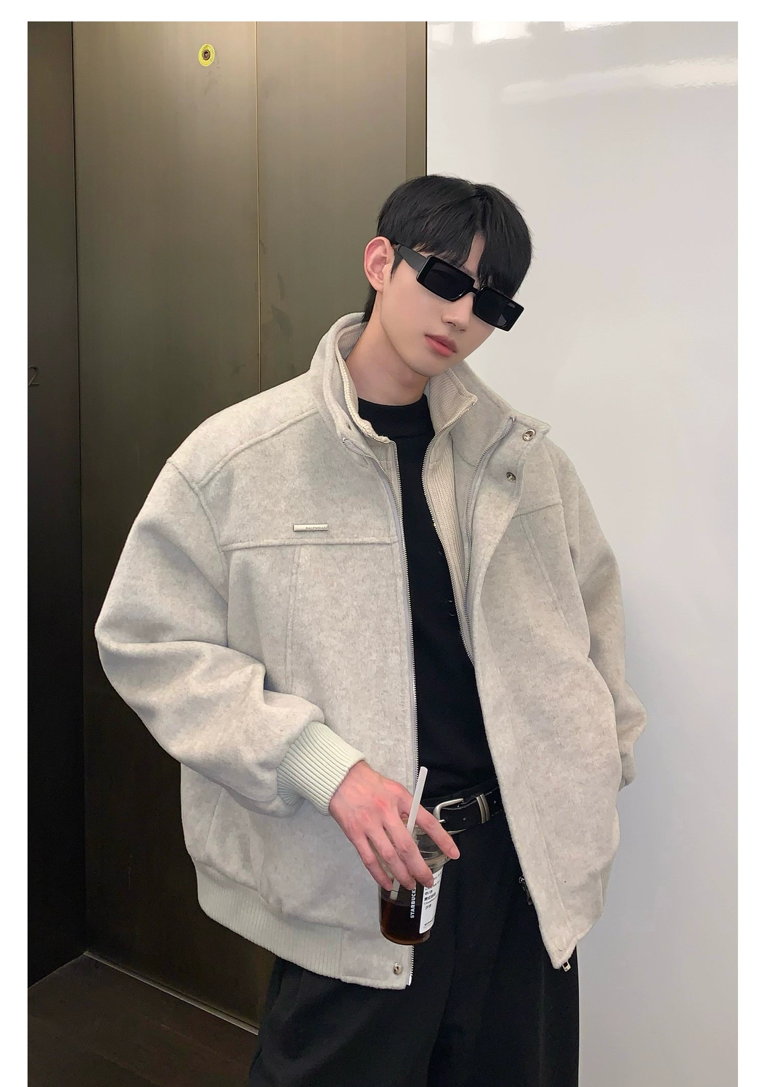 Bomber Jacket with Stand Collar and Ribbed Cuffs