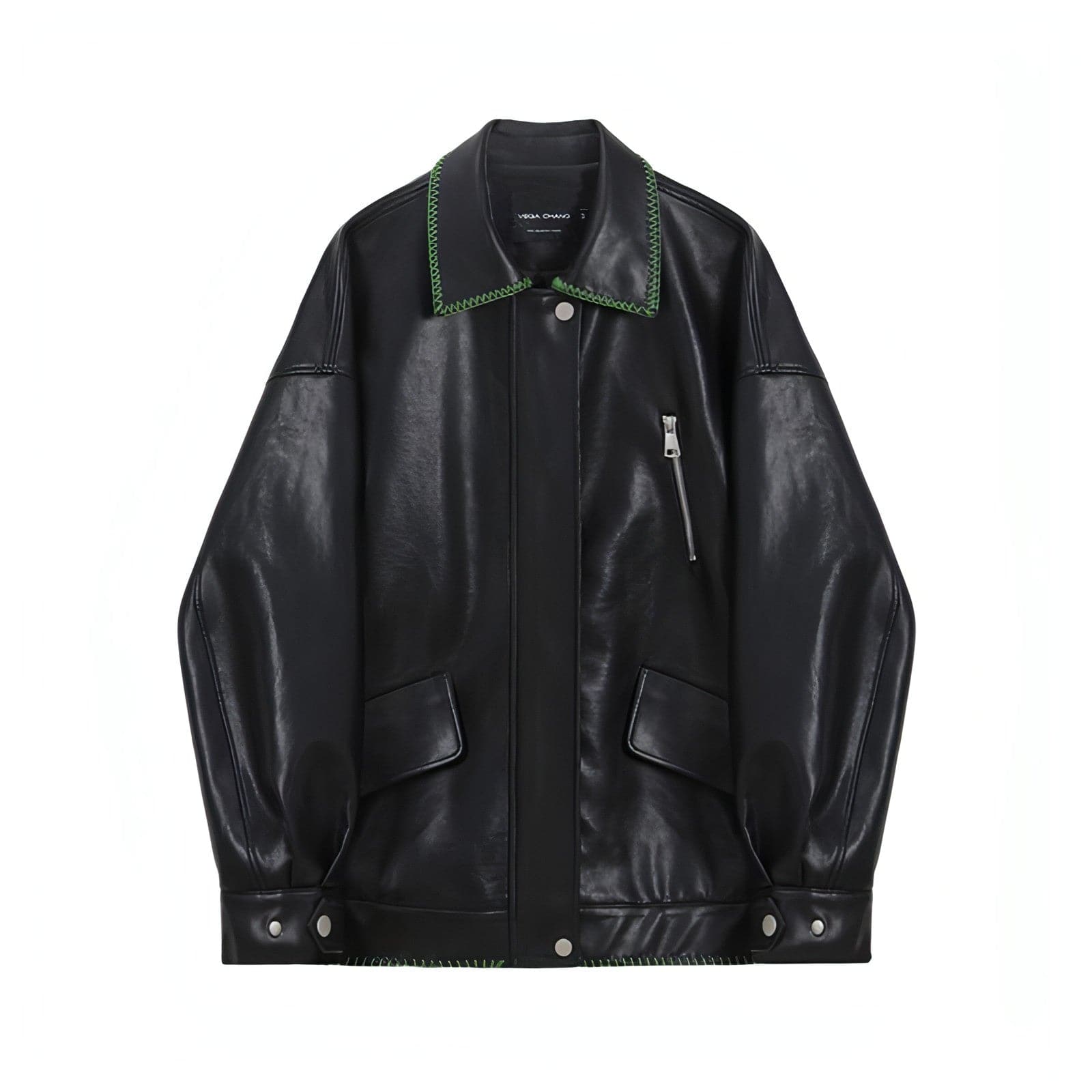 Autumn Black Leather Jacket , Loose Slimming Biker Style Pu Jacket - chiclara