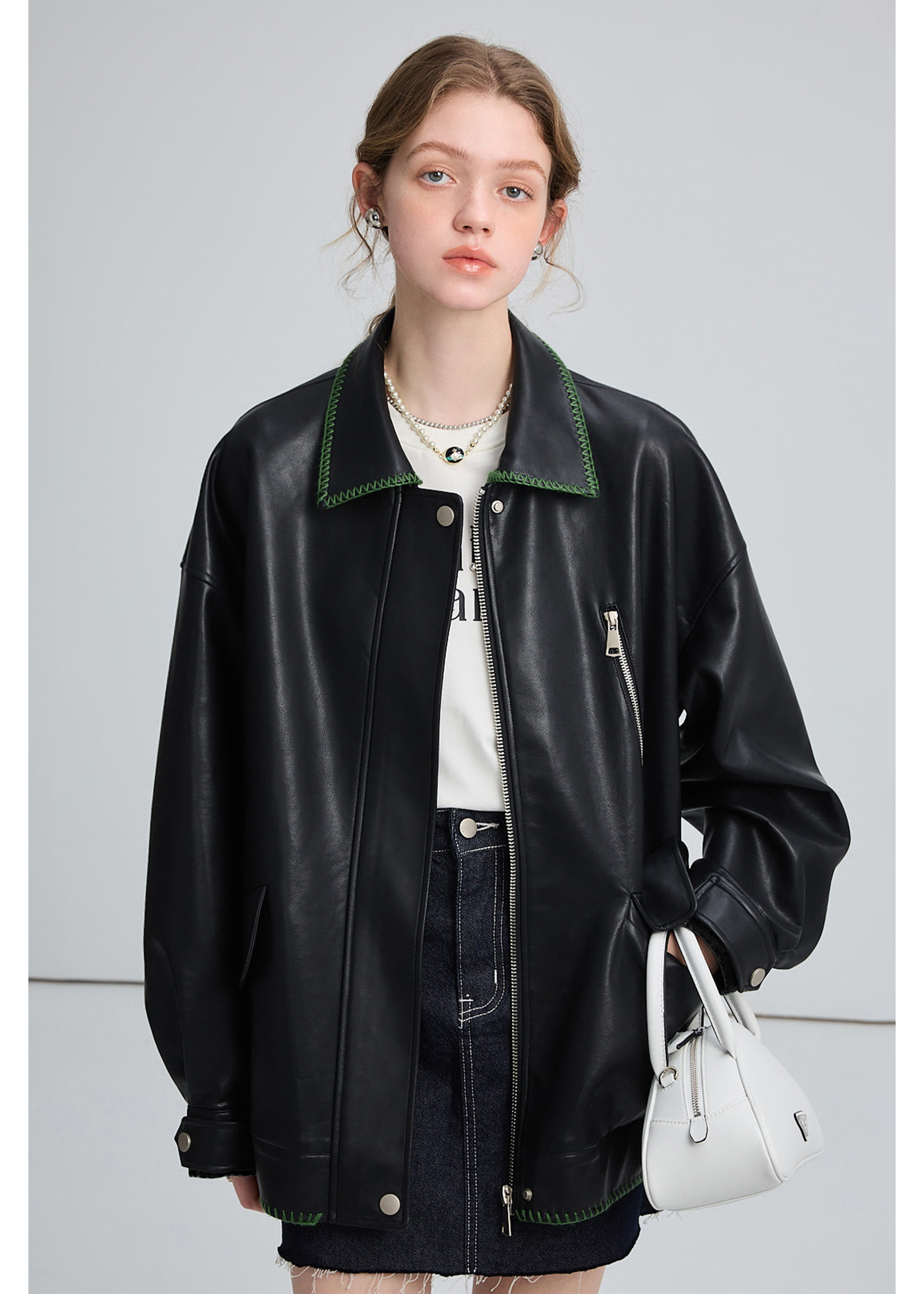 Autumn Black Leather Jacket , Loose Slimming Biker Style Pu Jacket - chiclara