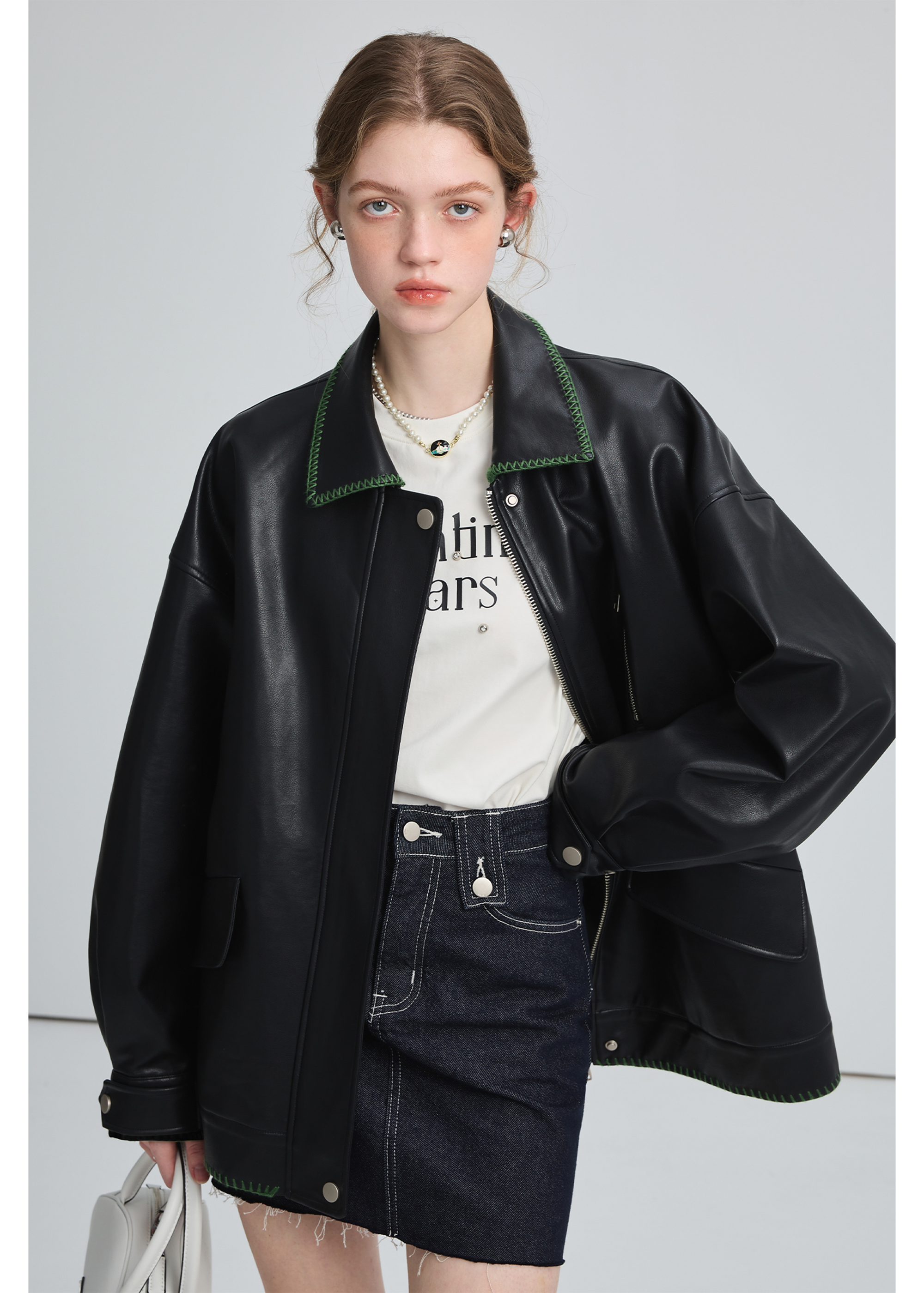Autumn Black Leather Jacket , Loose Slimming Biker Style PU Jacket Autumn Black Leather Jacket , Loose Slimming Biker Style PU Jacket