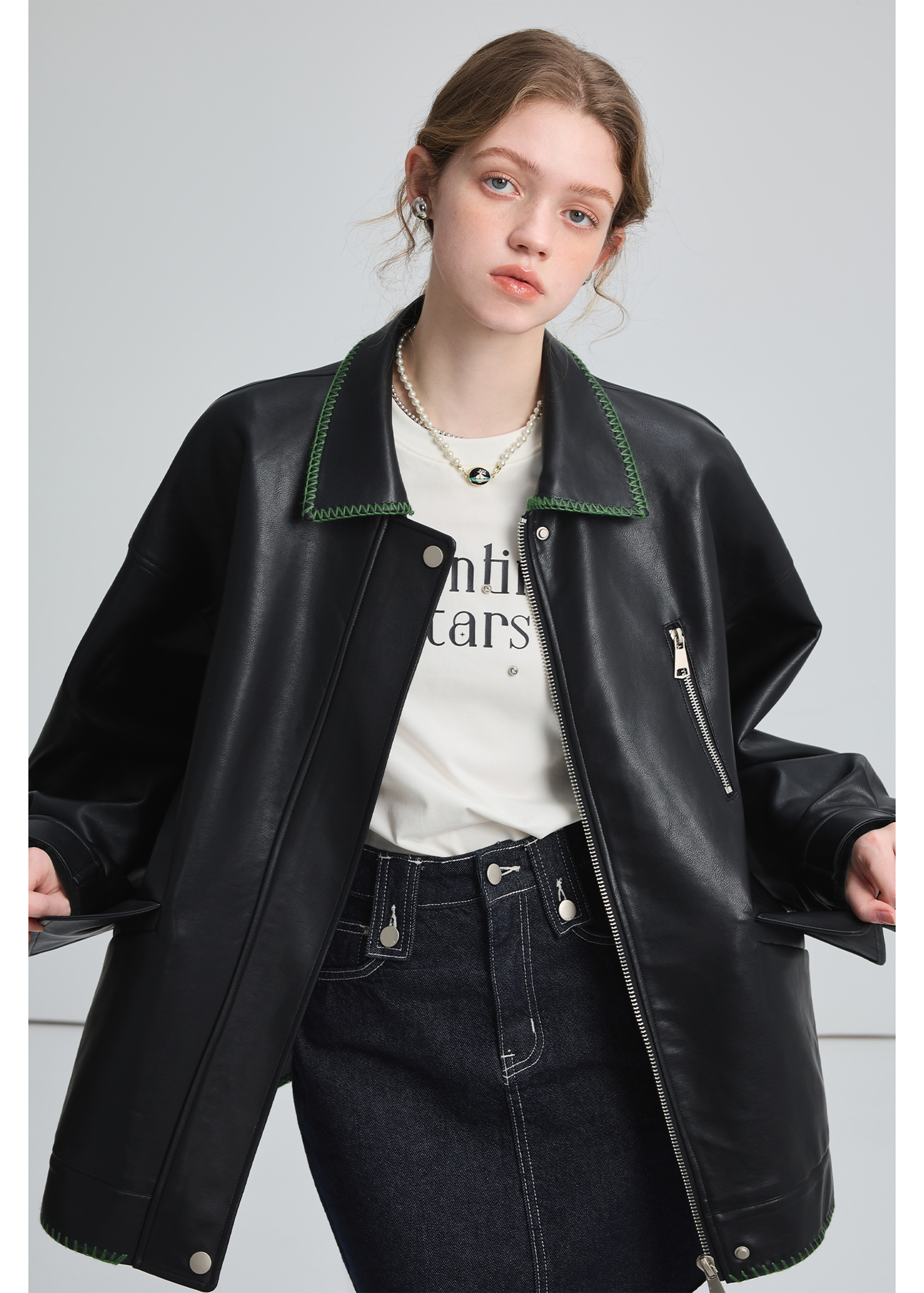 Autumn Black Leather Jacket , Loose Slimming Biker Style Pu Jacket - chiclara