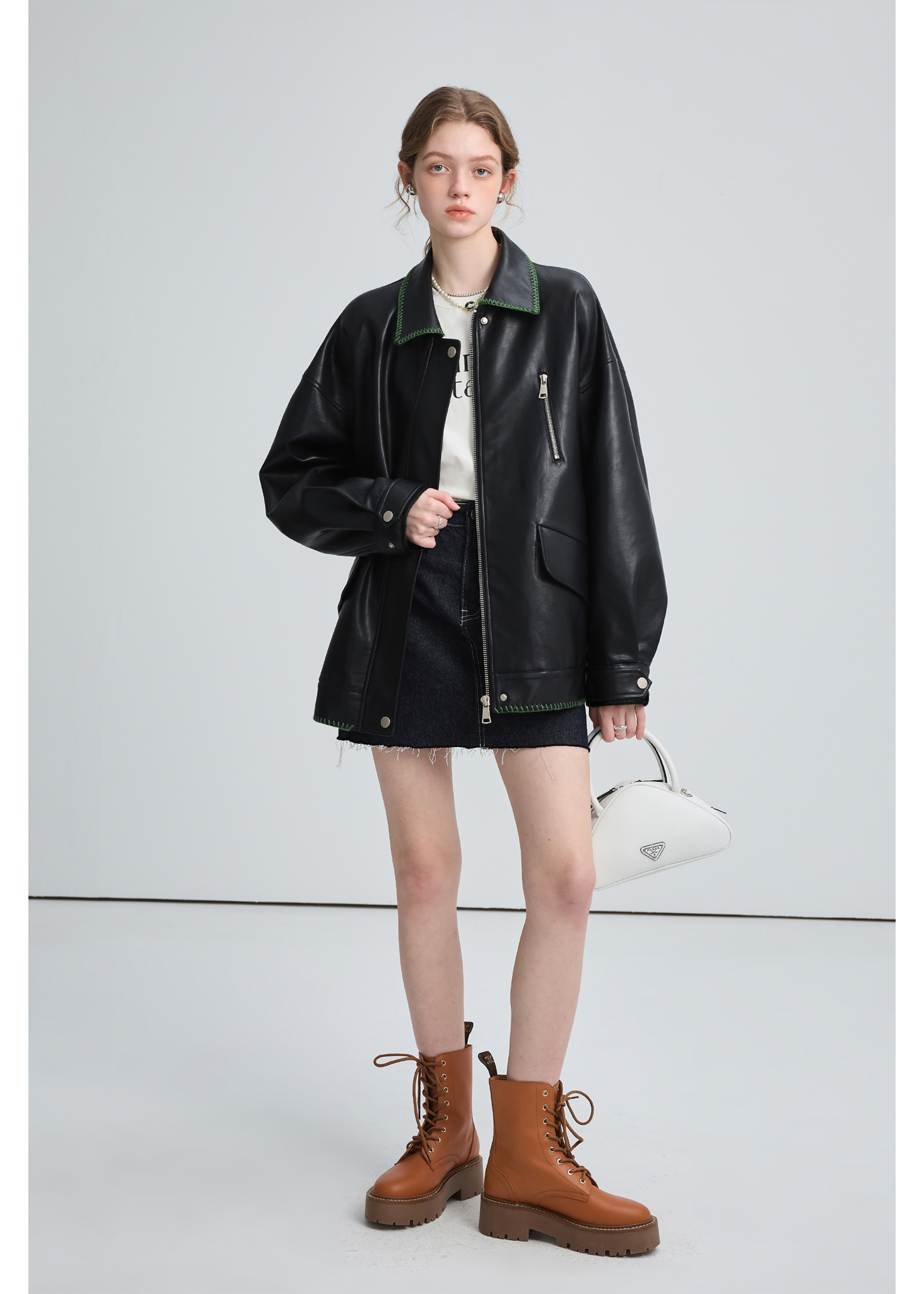Autumn Black Leather Jacket , Loose Slimming Biker Style Pu Jacket - chiclara