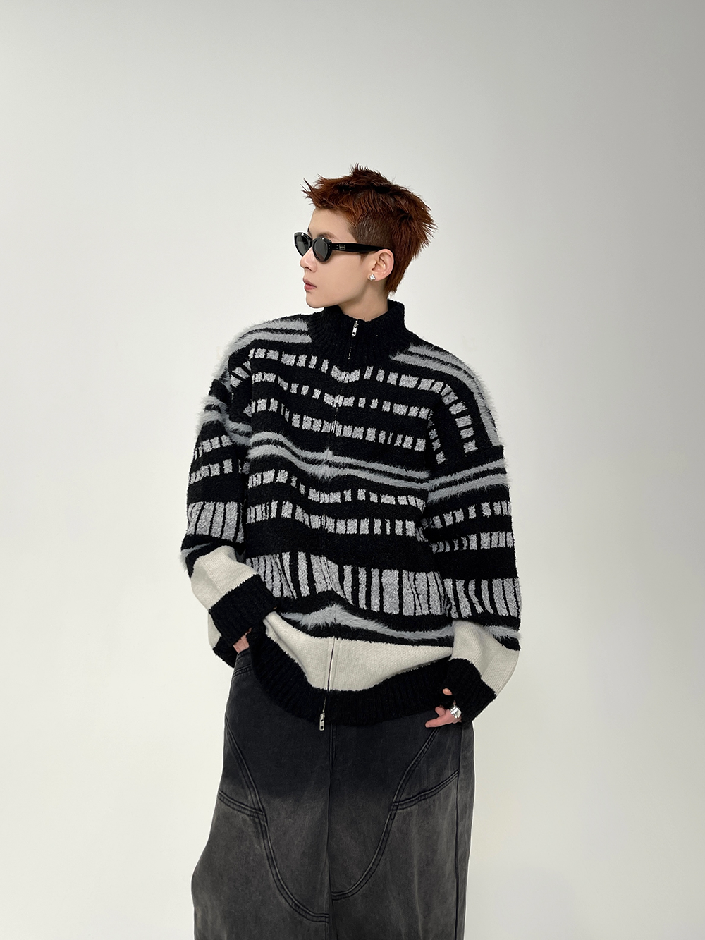Metro Lines Fuzzy Zip Knit Sweater
