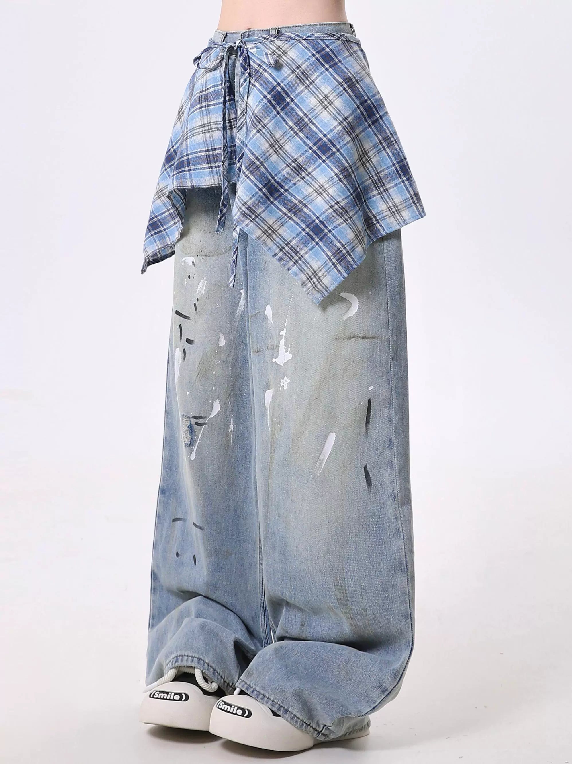 Plaid Wrap Distressed Wide Leg Jeans