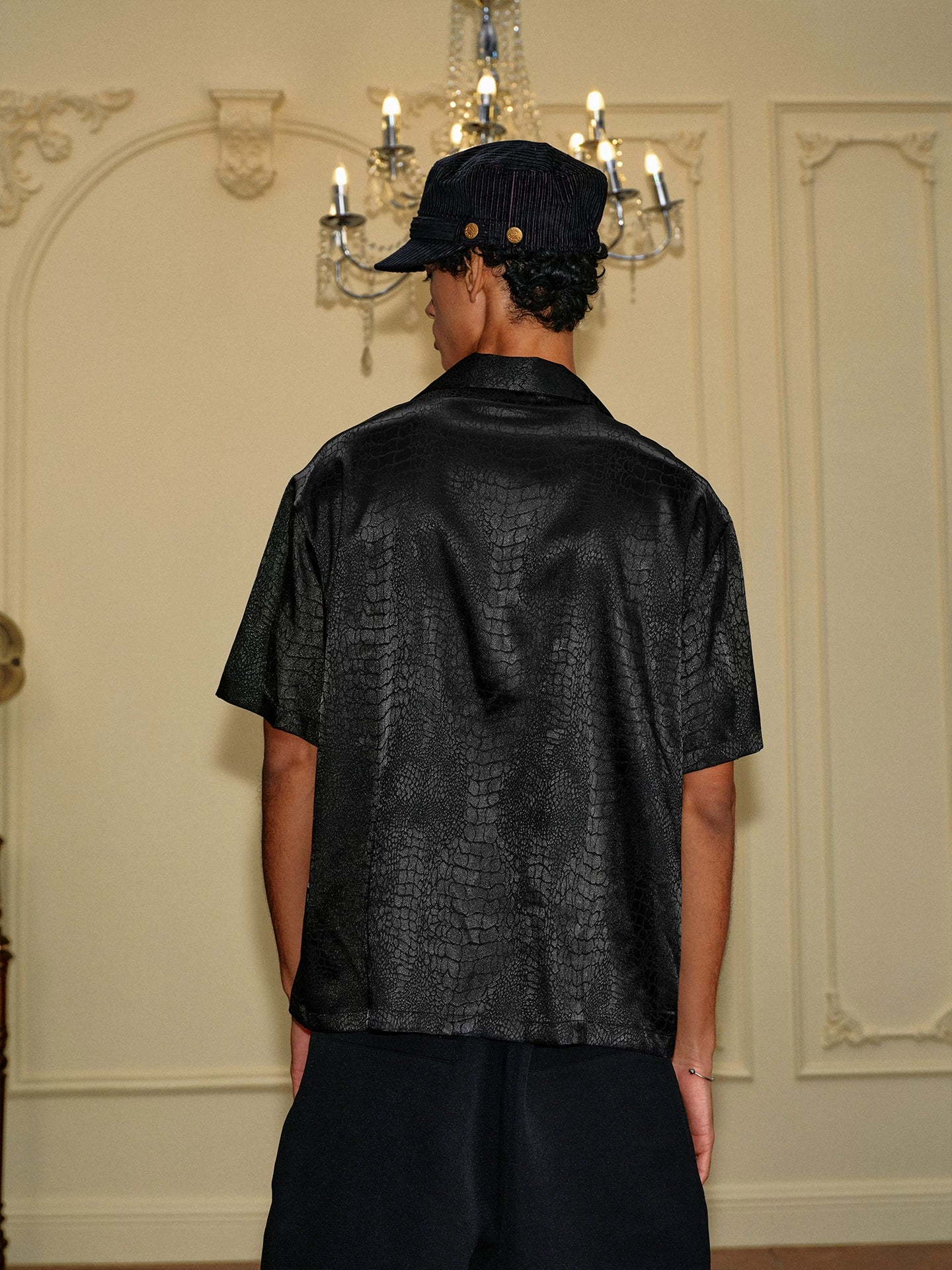 Black Crocodile Jacquard Satin Short Sleeve Shirt