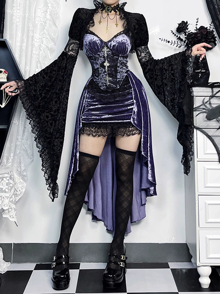 Gothic Velvet Corset Dress Set - Purple High-Low Gown with Lace Trim and Black Lace Bolero Black Overly Shirt / L Gothic Velvet Corset Dress Set - Purple High-Low Gown with Lace Trim and Black Lace Bolero Black Overly Shirt / L