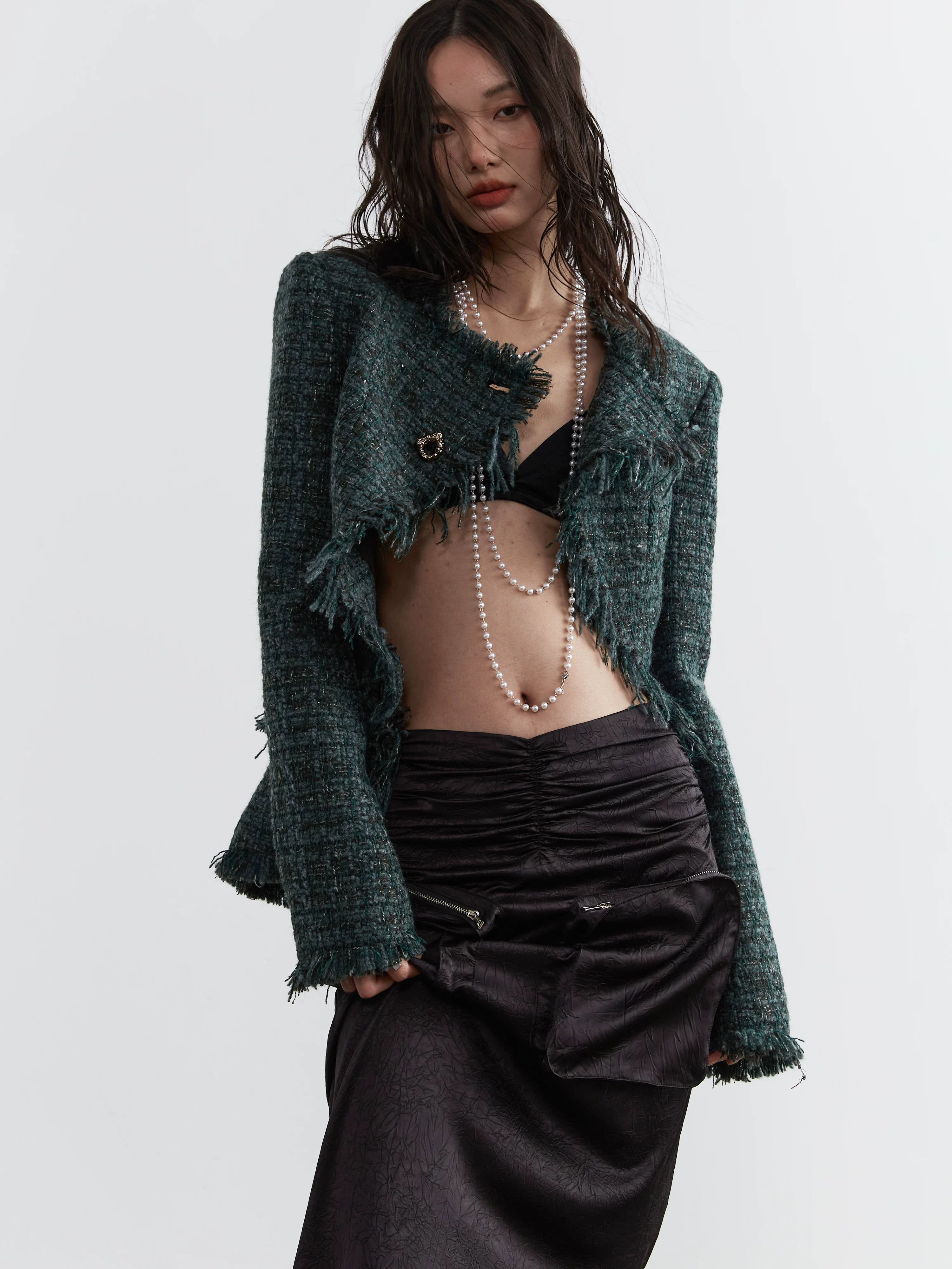 Emerald Frayed Cropped Tweed Jacket