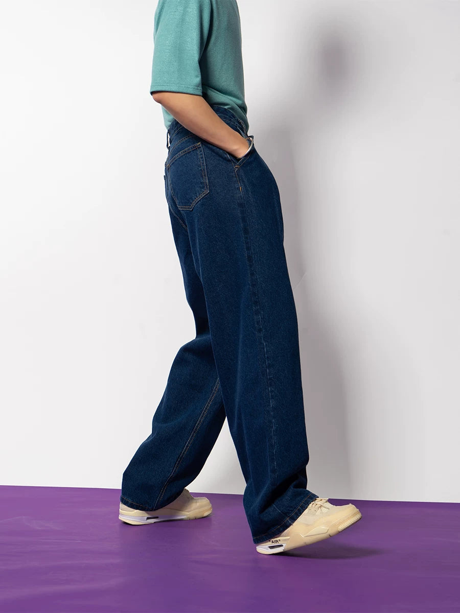 Midnight Pleat Relaxed Wide-Leg Jeans