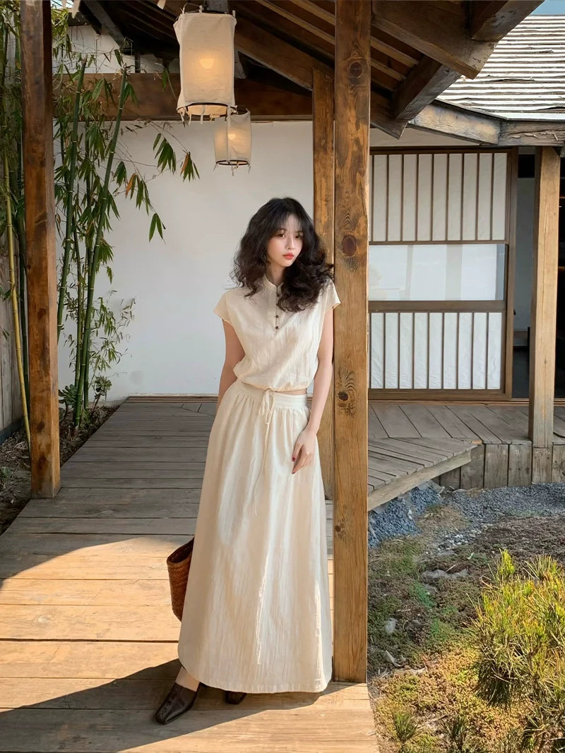 Cream Cap Sleeve Blouse and Maxi Skirt Setup S / Apricot Color (Skirt)