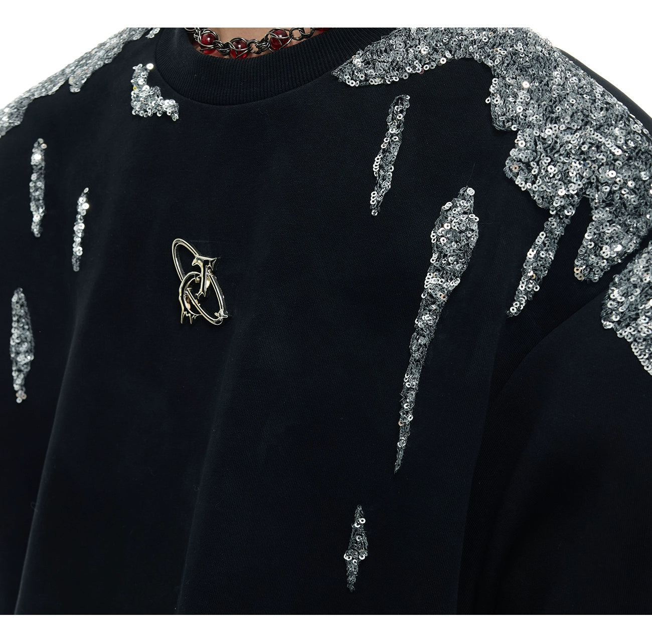 Crystal Shoulder Black Oversized Tee