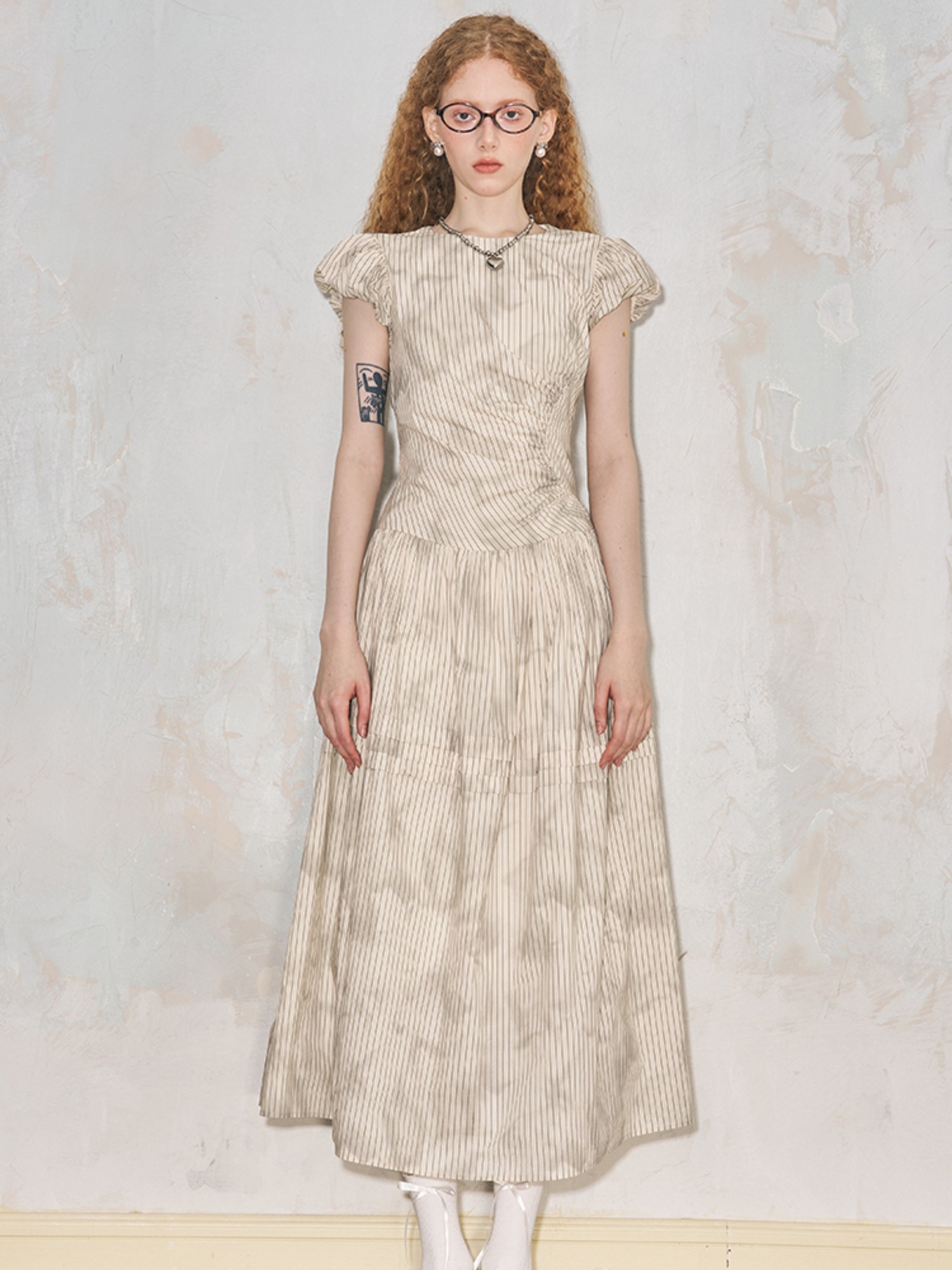 Round Neck Puff Sleeve Long Gather One-Piece - chiclara