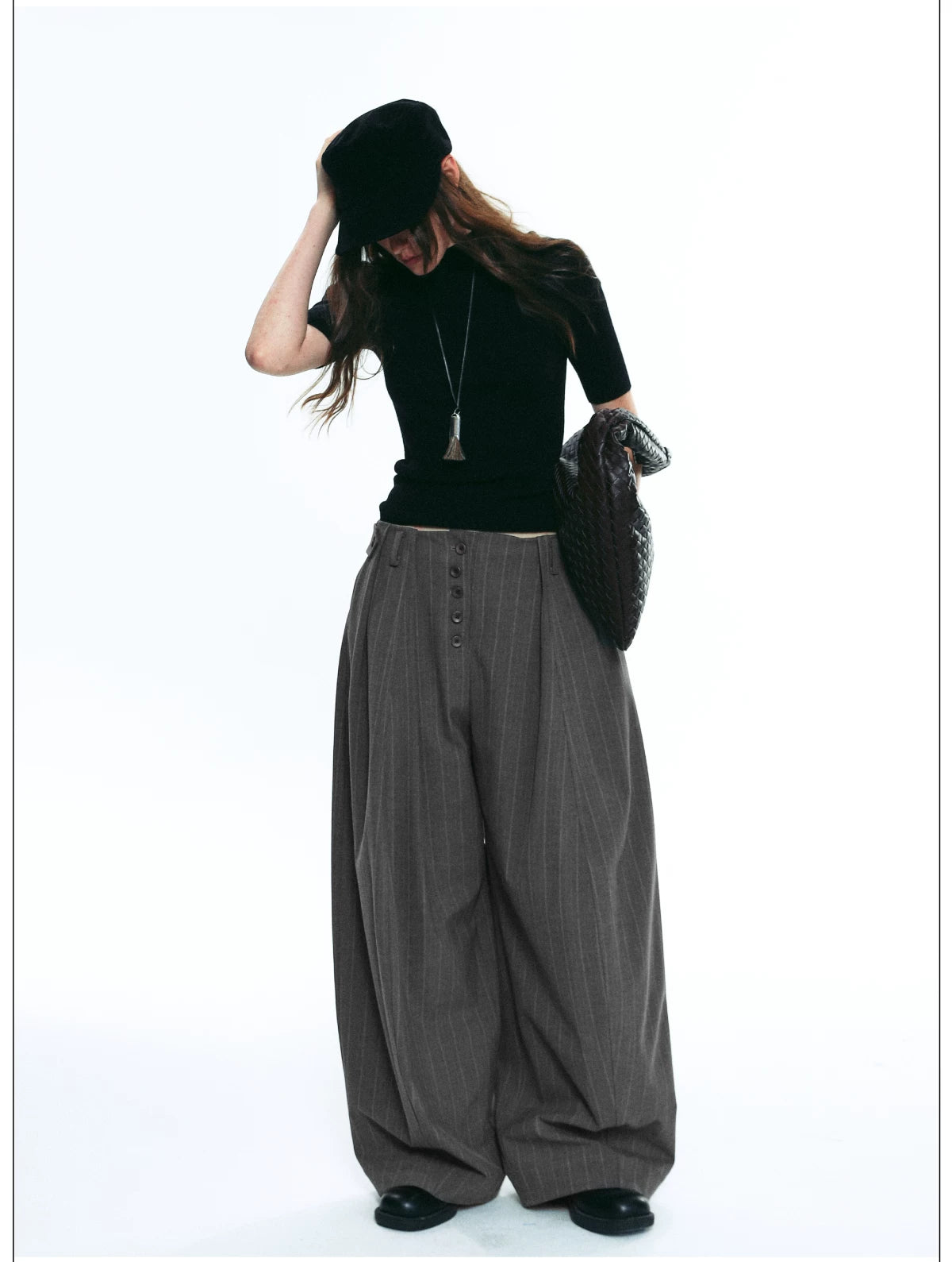 Exposed Button Pinstripe Wide Trousers
