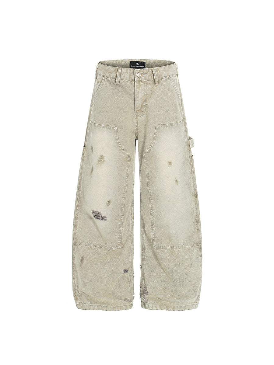 Men's Distressed Washed Wide-Leg Cargo Jeans