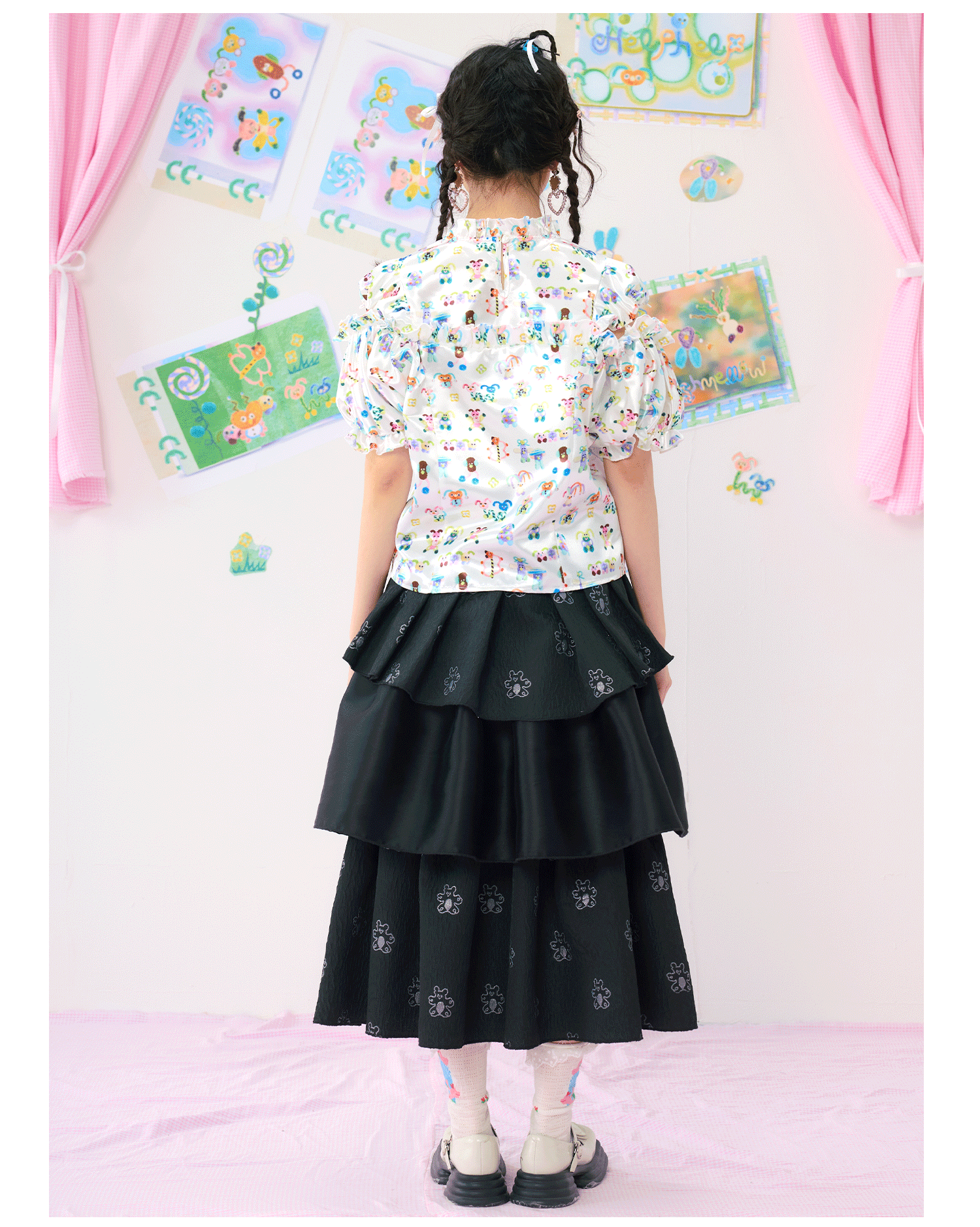 Pastel Print Puff Sleeve Ruffle Top Blouse