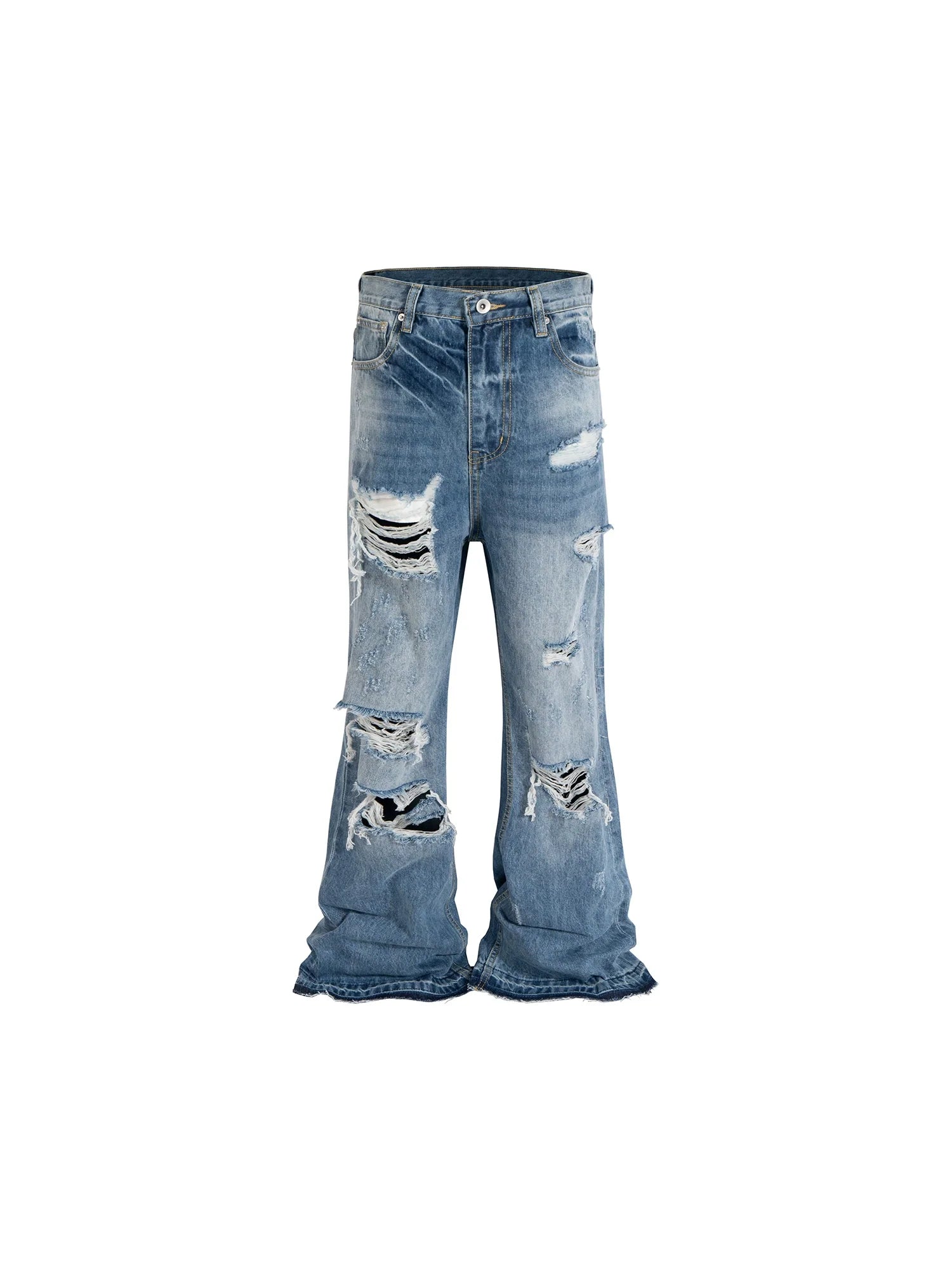 Men's Washed Distressed Fringe Whisker Stacked Flare Jeans