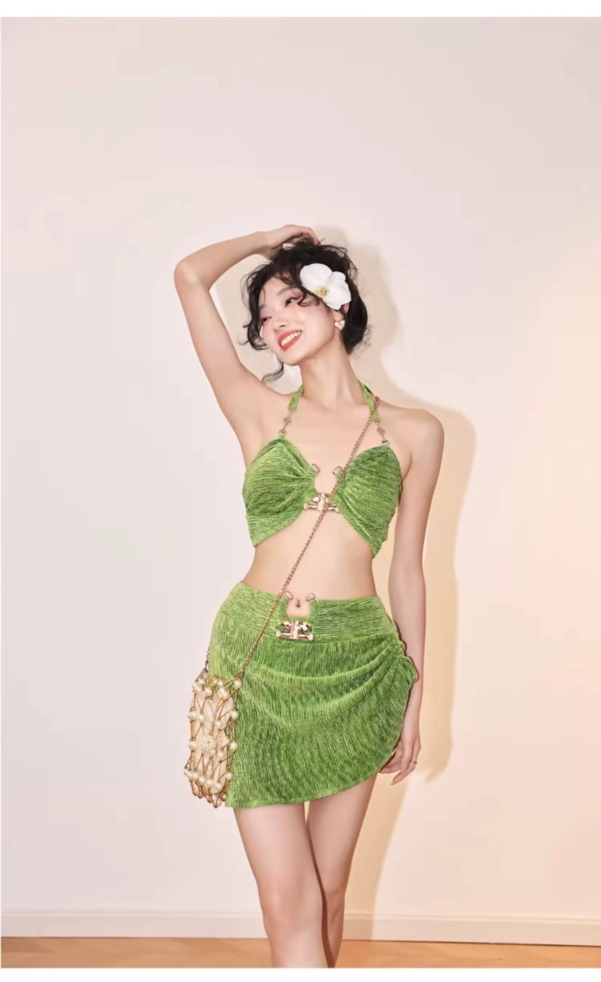 Tropic Gleam Ruched Halter Skirted Bikini Set