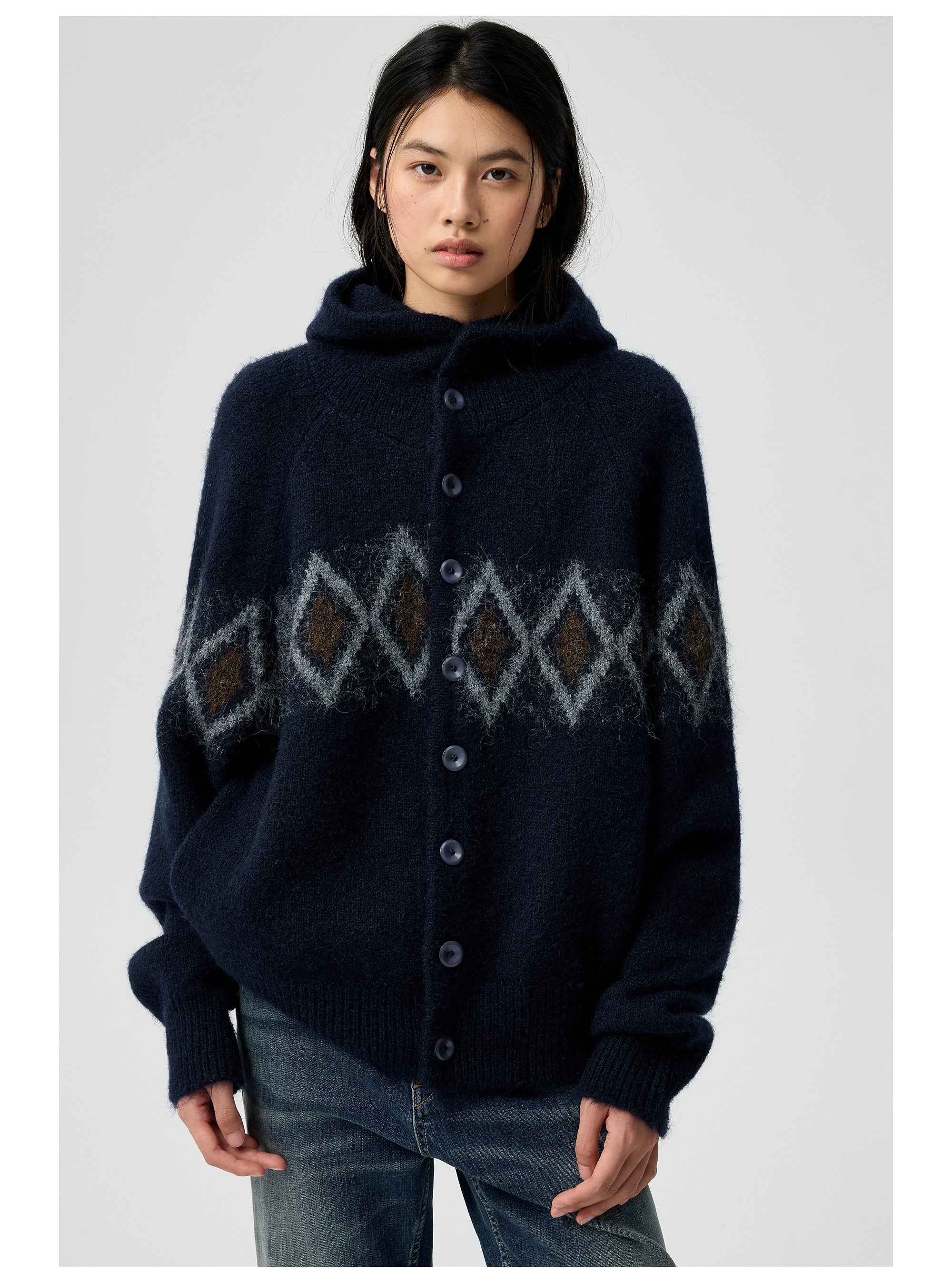 Diamond Pattern Hooded Wool Cardigan