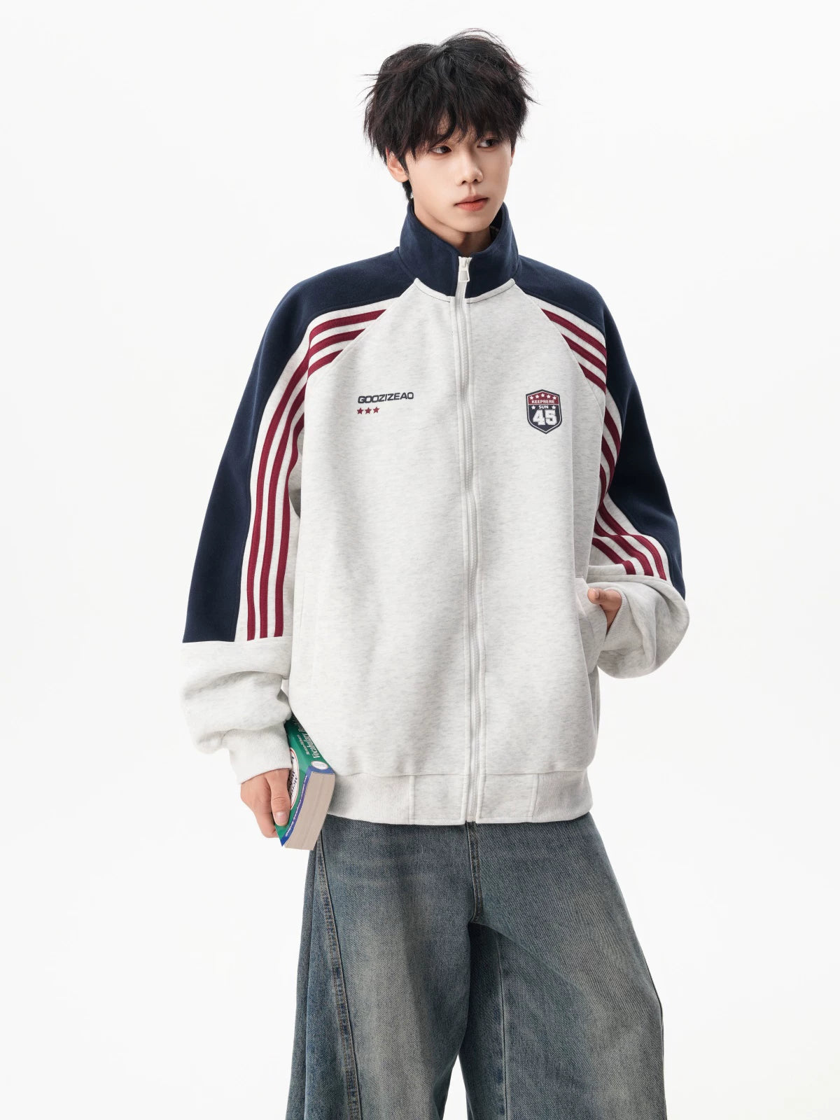 Varsity Track Stripe Zip Bomber Sweater