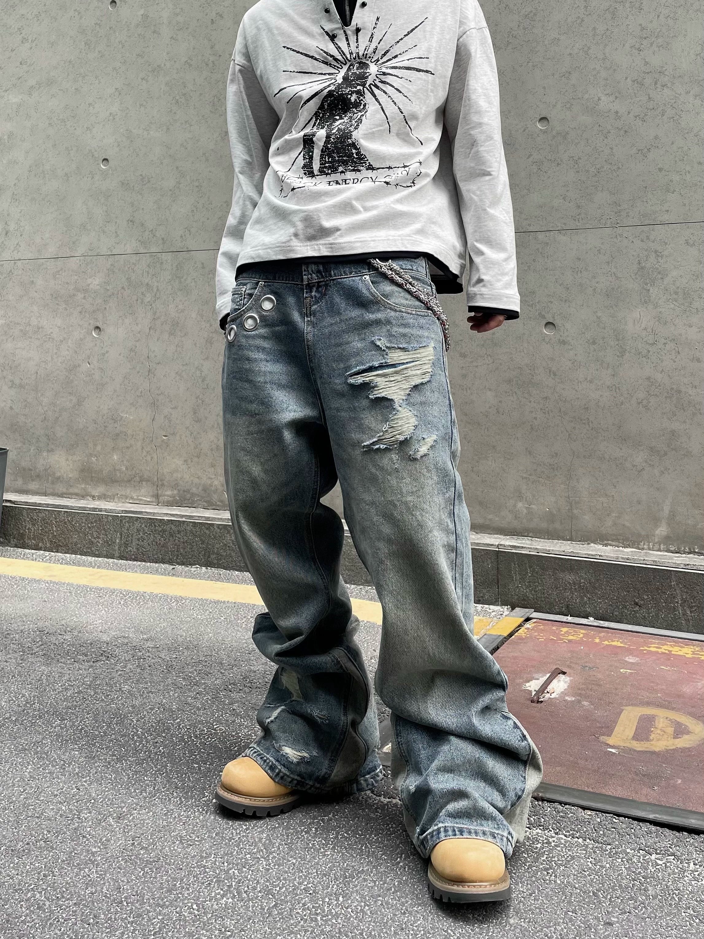 Paneled Distressed Rivet Wide Leg Jeans