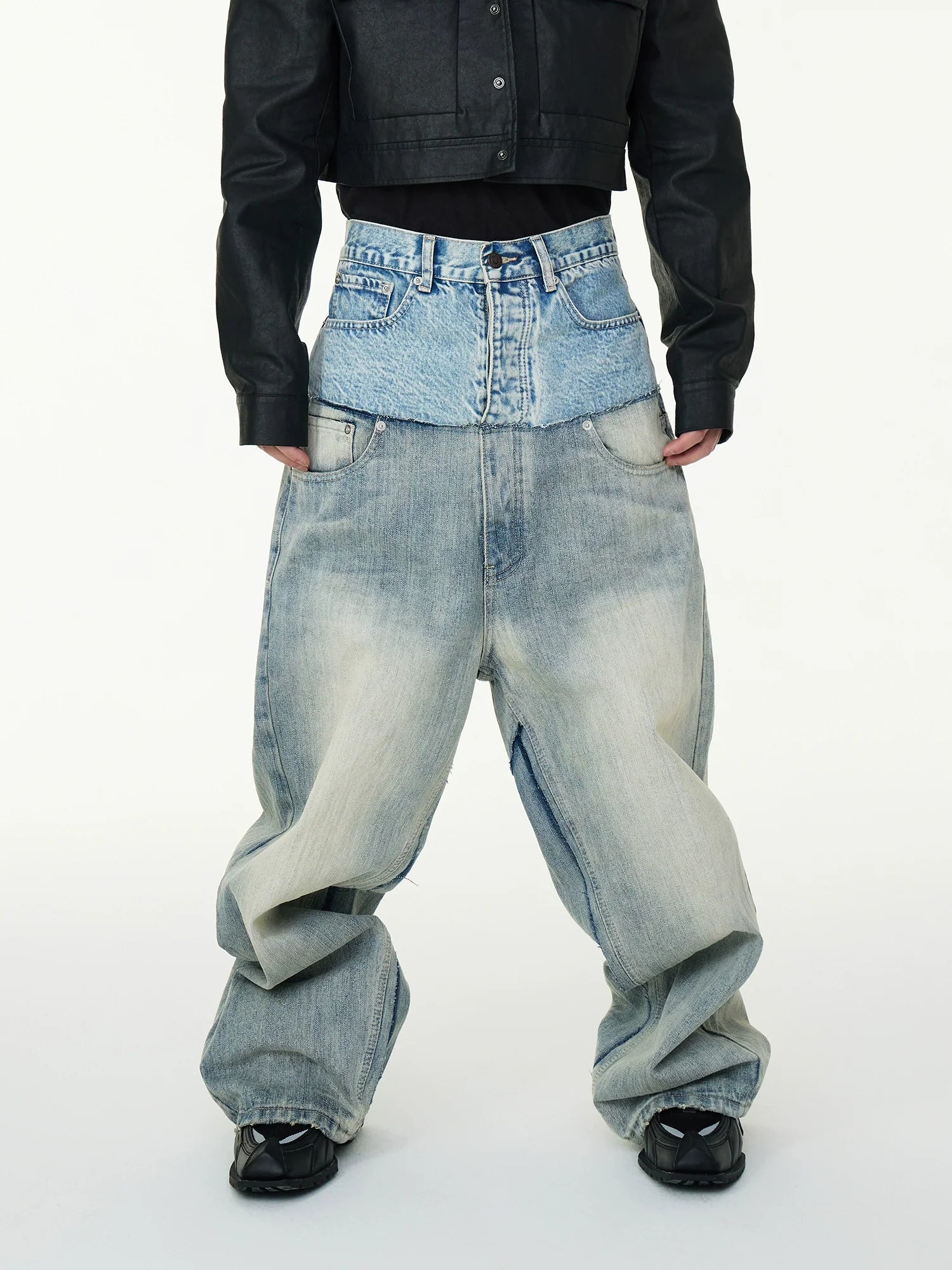 Layered Two-Tone High-Waisted Baggy Jeans