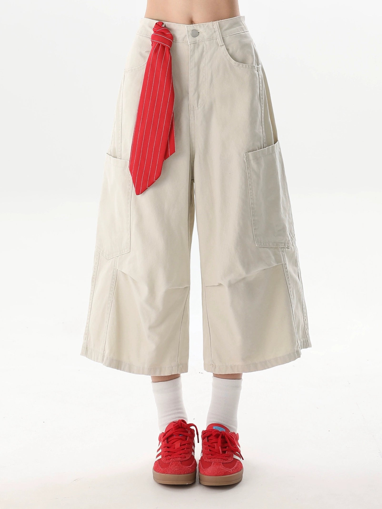 Wide Leg Culottes with Red Striped Tie Accent