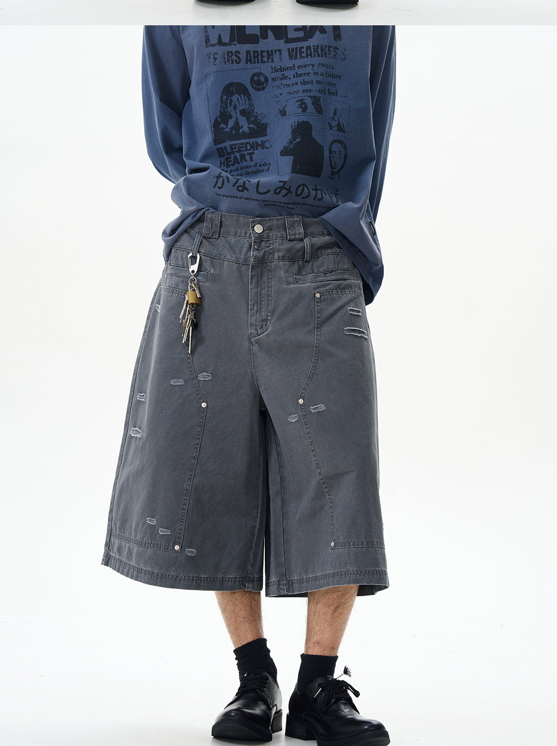 Distressed Grey Cargo Denim Shorts