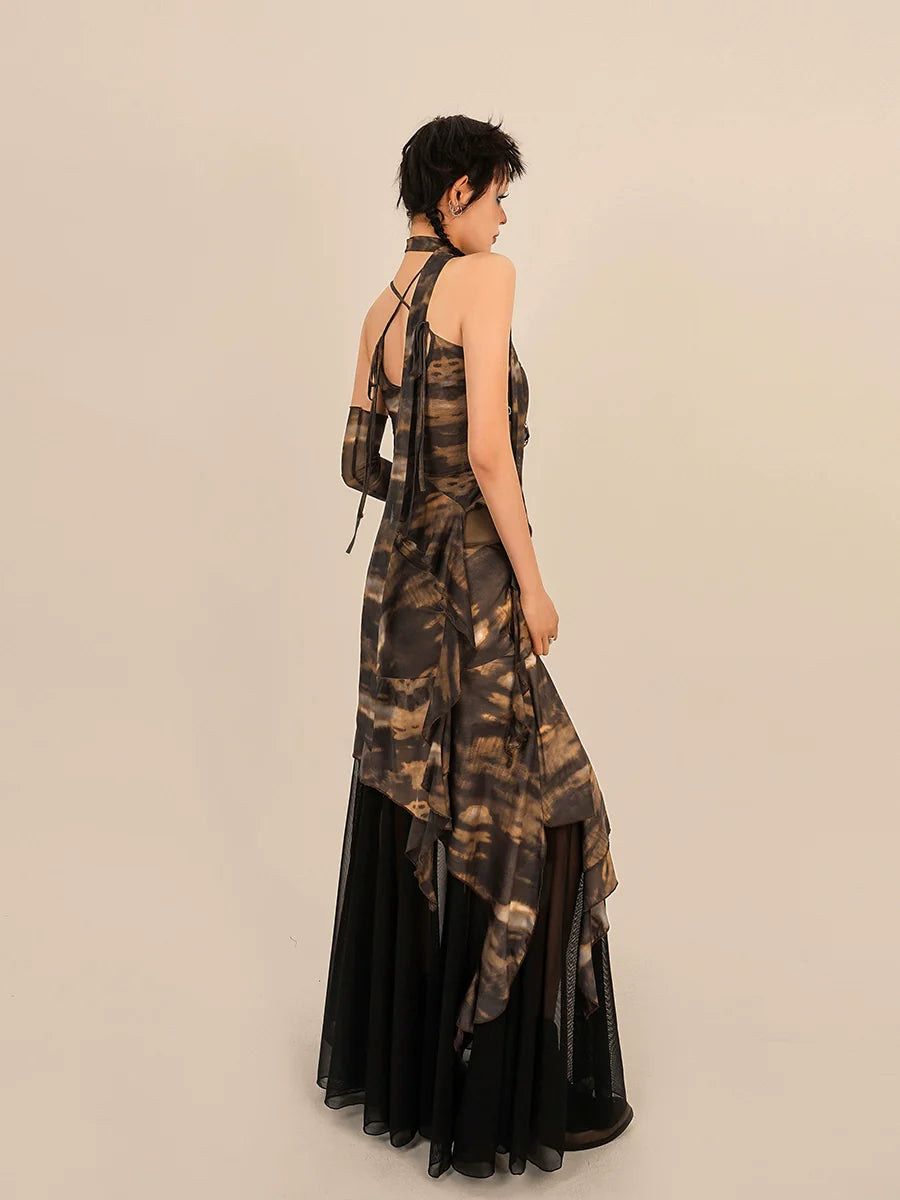 Nico Molly Abstract Tie-Dye Asymmetrical Skirt - Brown and Black