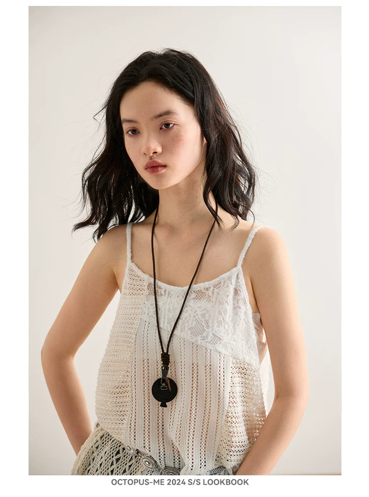 Asymmetric Crochet Lace Long Cami Top