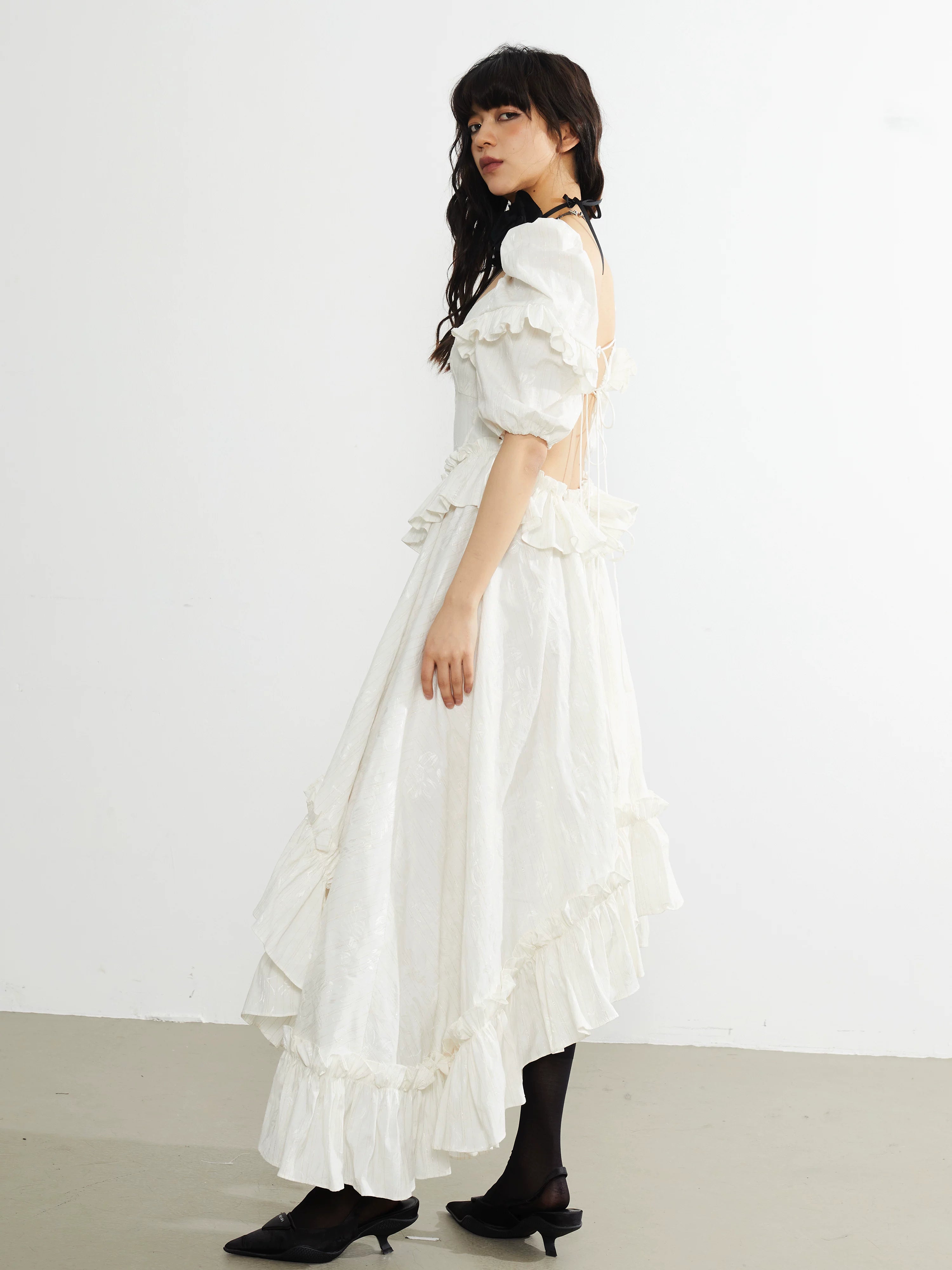 Ivory Ruffle Asymmetry Midi Dress