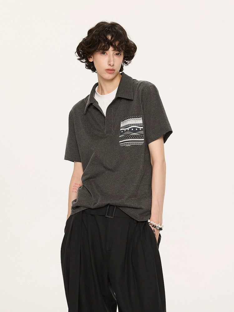Charcoal Polo Shirt with Patterned Chest Pocket