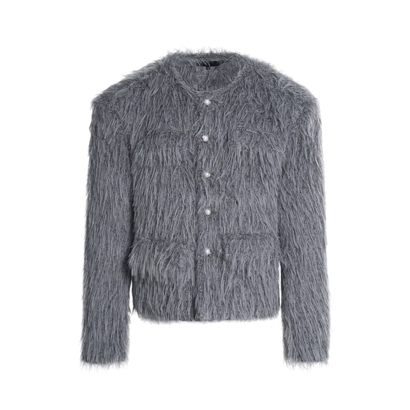 Shaggy Faux Fur Coat with Crystal Button Details