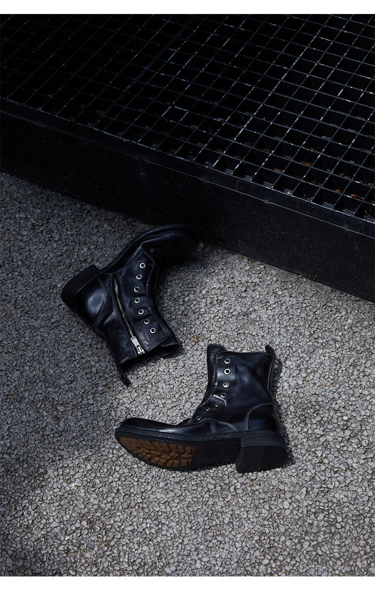 Brown Leather Lace-less Combat Boots