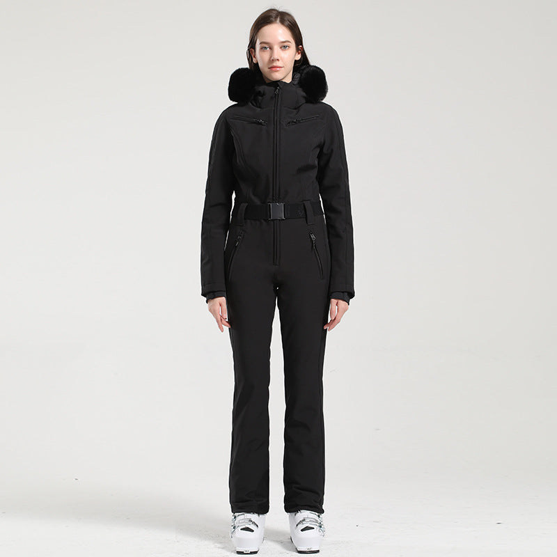 Belted One-Piece Ski Suits with Fur Hoods